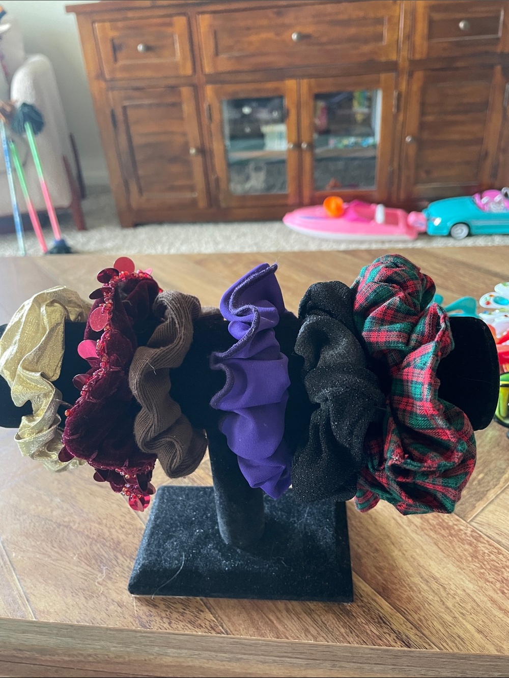 Assorted Fabric Scrunchie Set - Red Plaid, Black, Purple, Gold, Brown, Burgundy